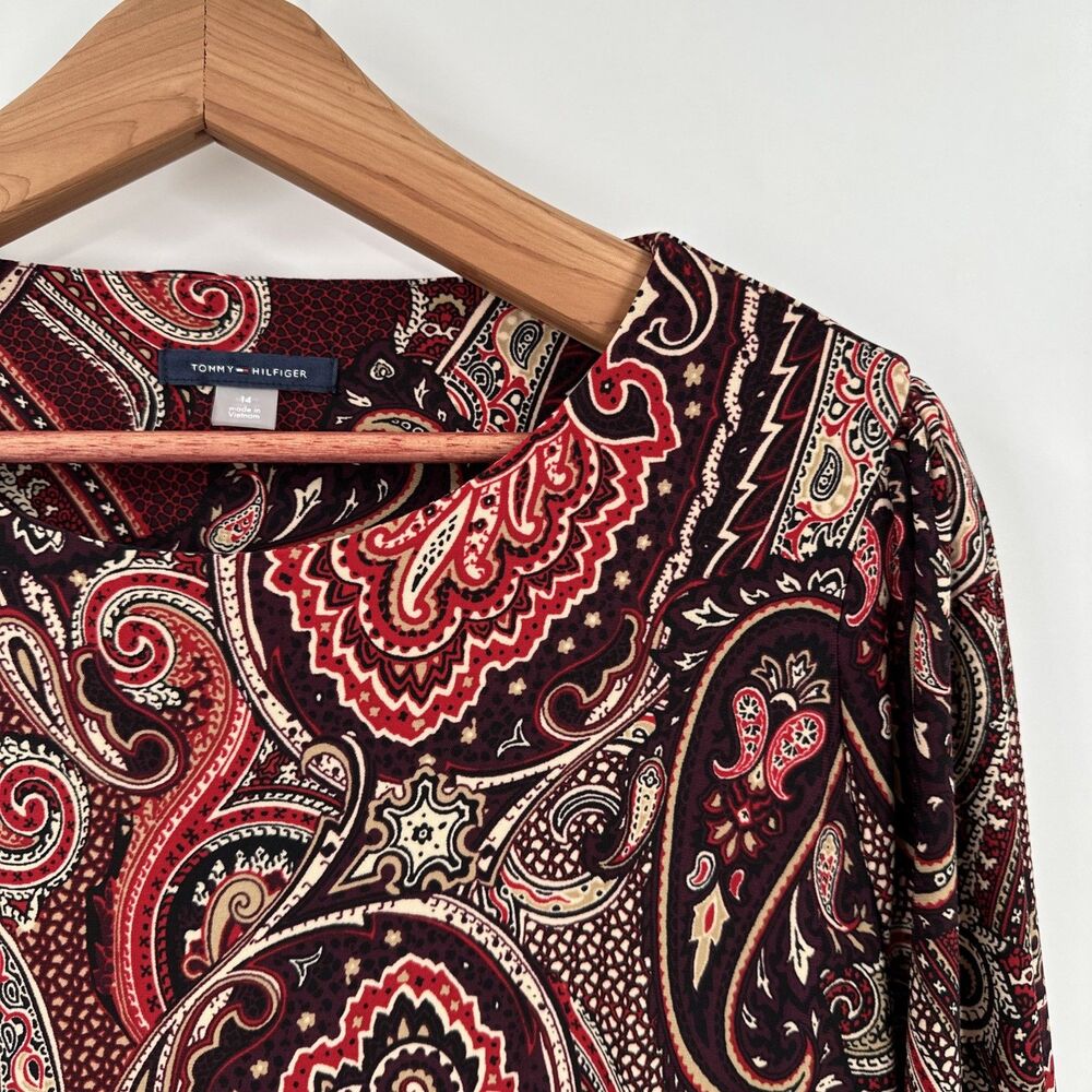 Tommy Hilfiger Dress 14 Jersey Knit Red Black Paisley Drop Waist Ruffle - Picture 4 of 9